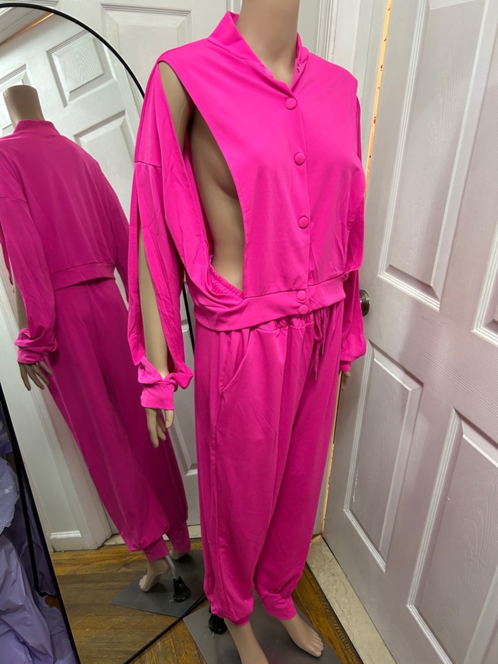 Vibrant Hot Pink Button-Front 2pc pants set with Side Slit Sleeves - Picture 2 of 6